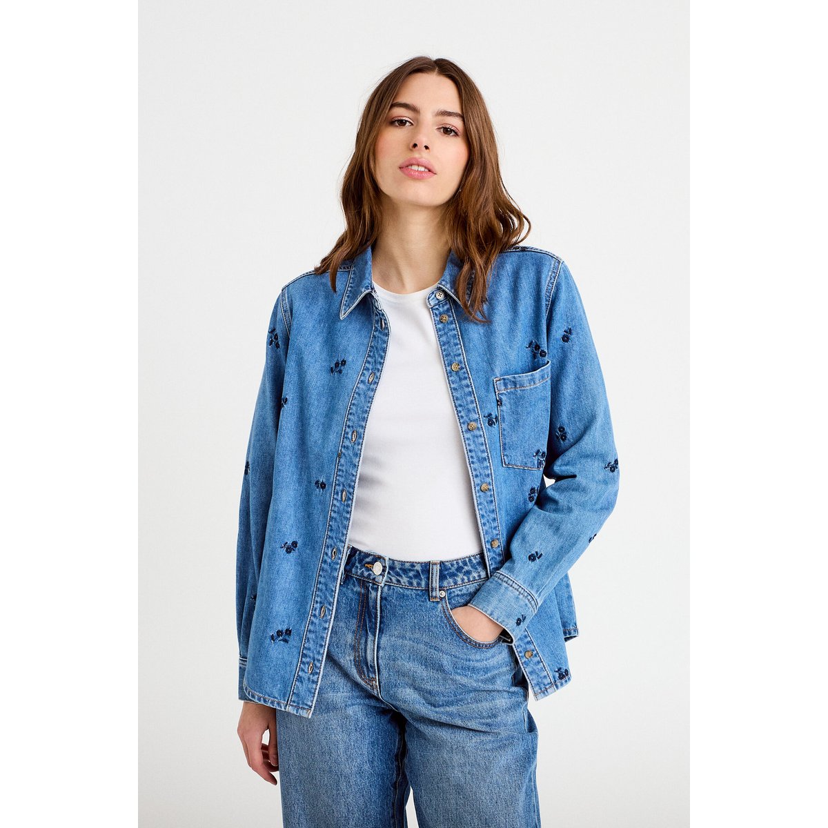 Chemise droite courte manches longues bleu, CACHE CACHE
