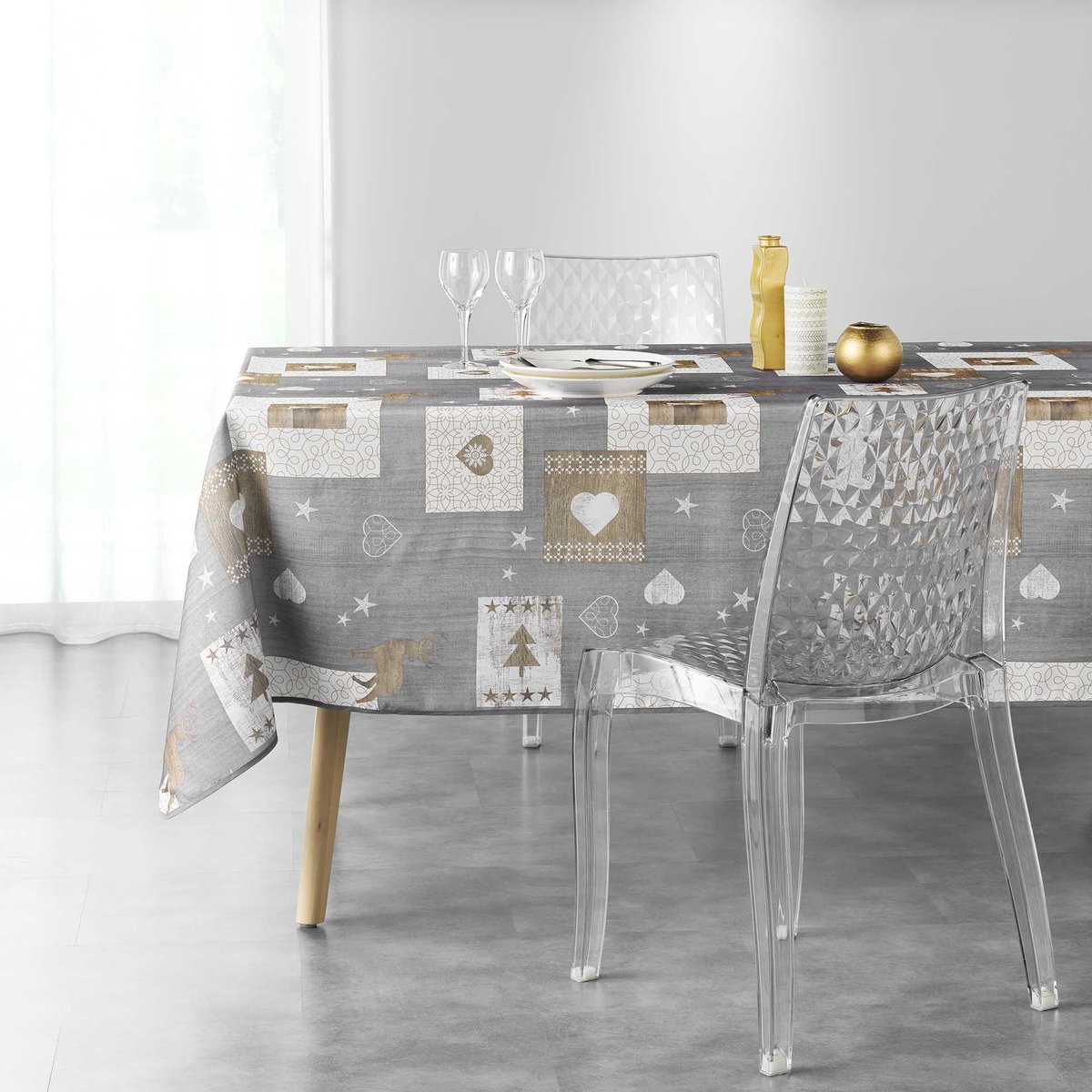 Nappe rectangulaire antitache et infroissable grand format CŒURS gris, TOILINUX
