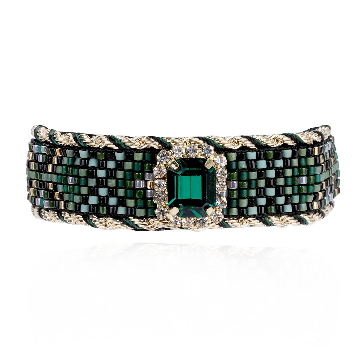 Bracelet réglable ruban velours et perles tissées SUZON vert, HIPANEMA