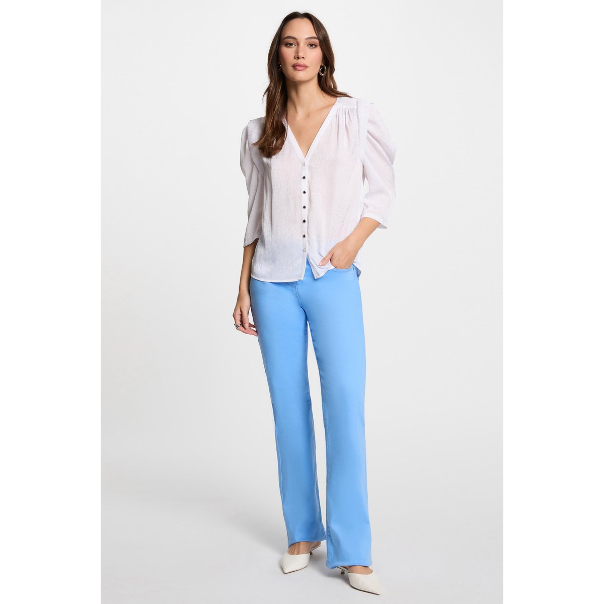Pantalon bootcut boutonné bleu, MORGAN