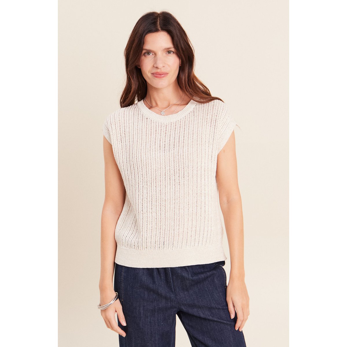 Pull ajouré col rond ecru, BREAL