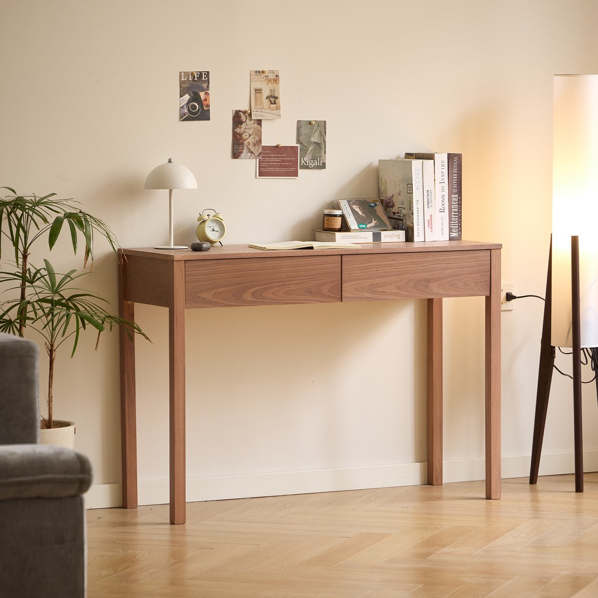 Bureau 2 tiroirs, bois de noyer, VASTERAS bois naturel, NORDLYS