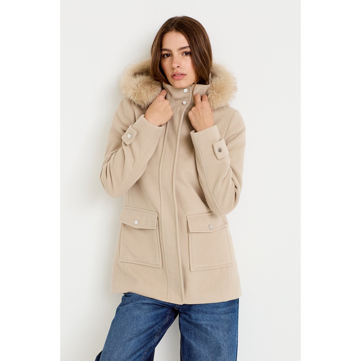 Manteau mi-long à capuche beige, CACHE CACHE