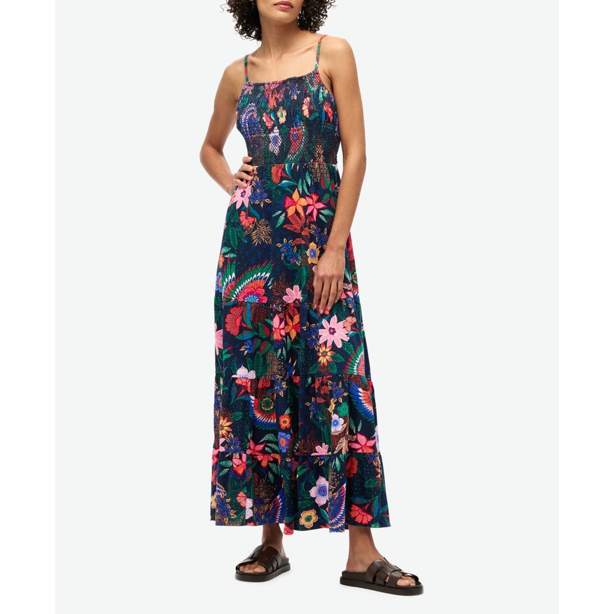 Robe longue caraco smockée bleu marine floral vera, SUPERDRY