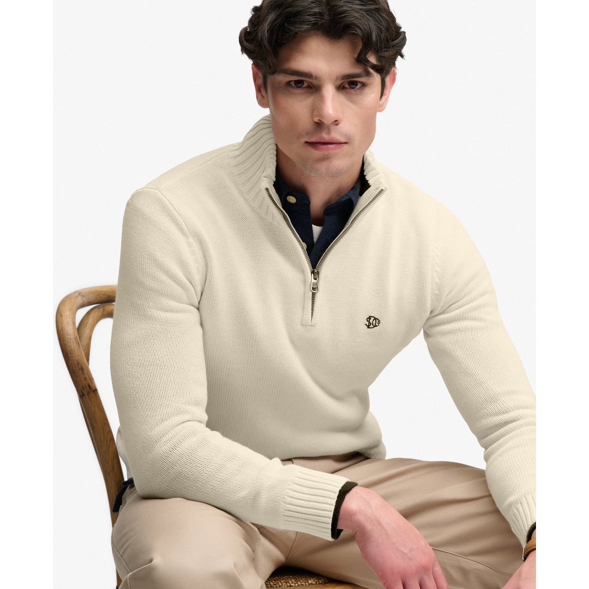 Pull Maille Demi-Zip Coupe Ajustée crème, SUPERDRY