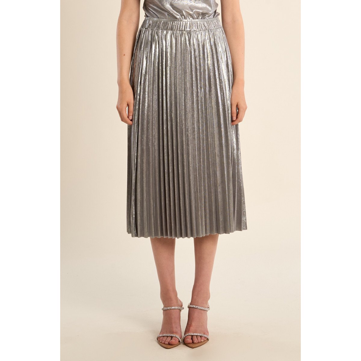 Longue jupe plissée, effet métallisé silver, LILI SIDONIO