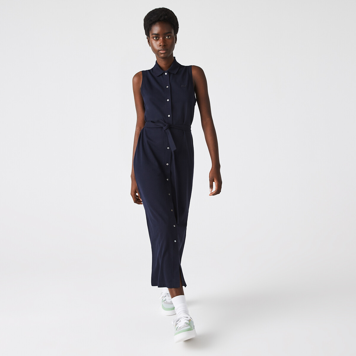 Vestido polo sin mangas de punto piqué de algodón azul marino, LACOSTE