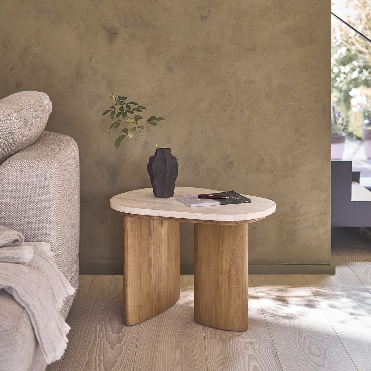 Table d'appoint en teck massif et marbre CALMA blanc, BERAH GETAH