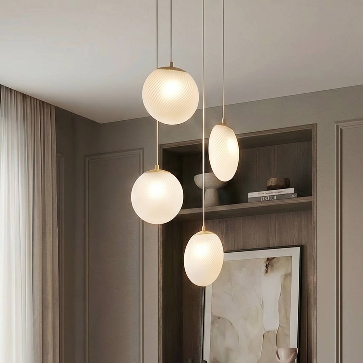 Suspension en verre moderne, Lunelle blanc, laiton, LUCANDE