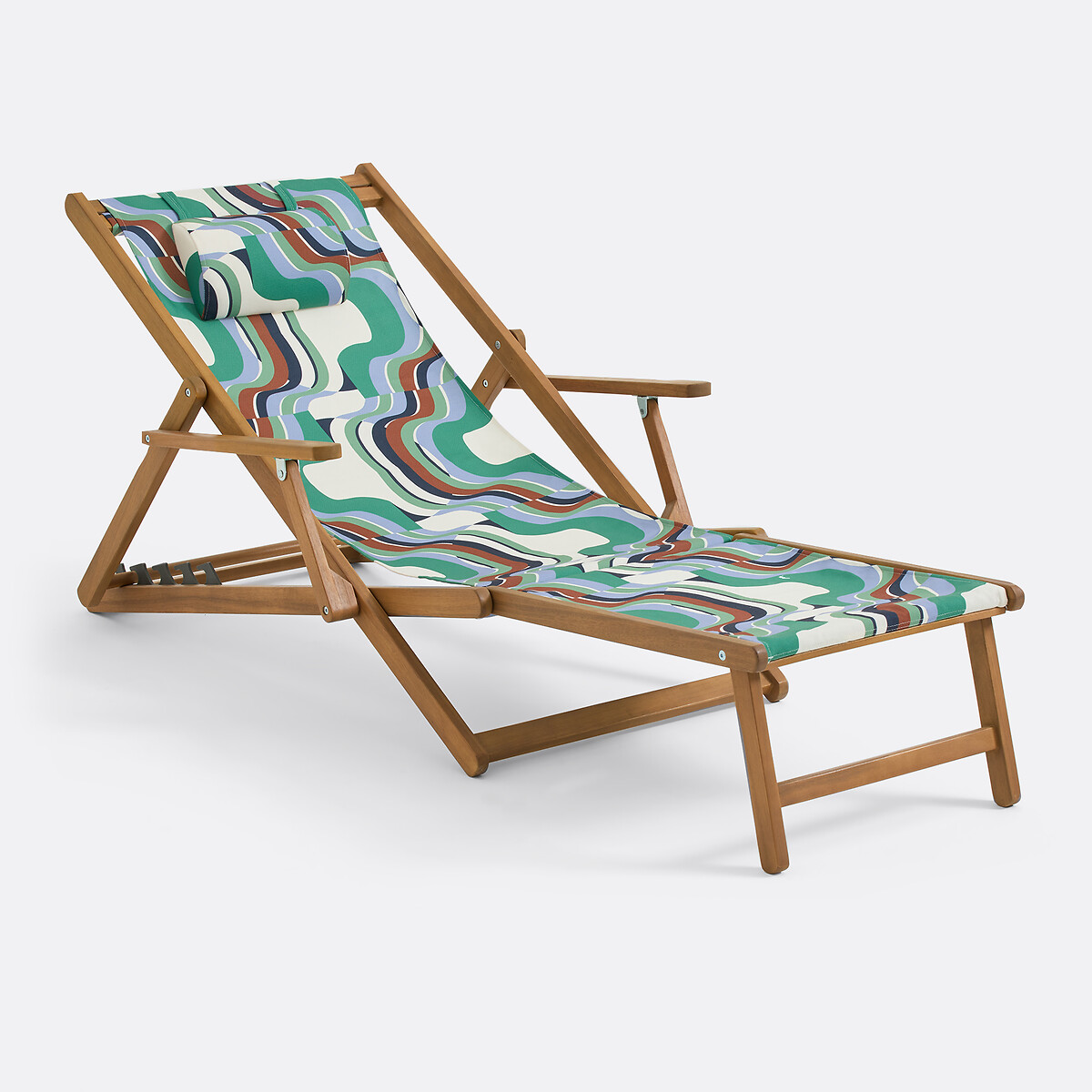 Chaise longue en acacia massif, tissu avec motif graphique, SONGE VERT vert/bleu, MAPOÉSIE X LA REDOUTE INTÉRIEURS