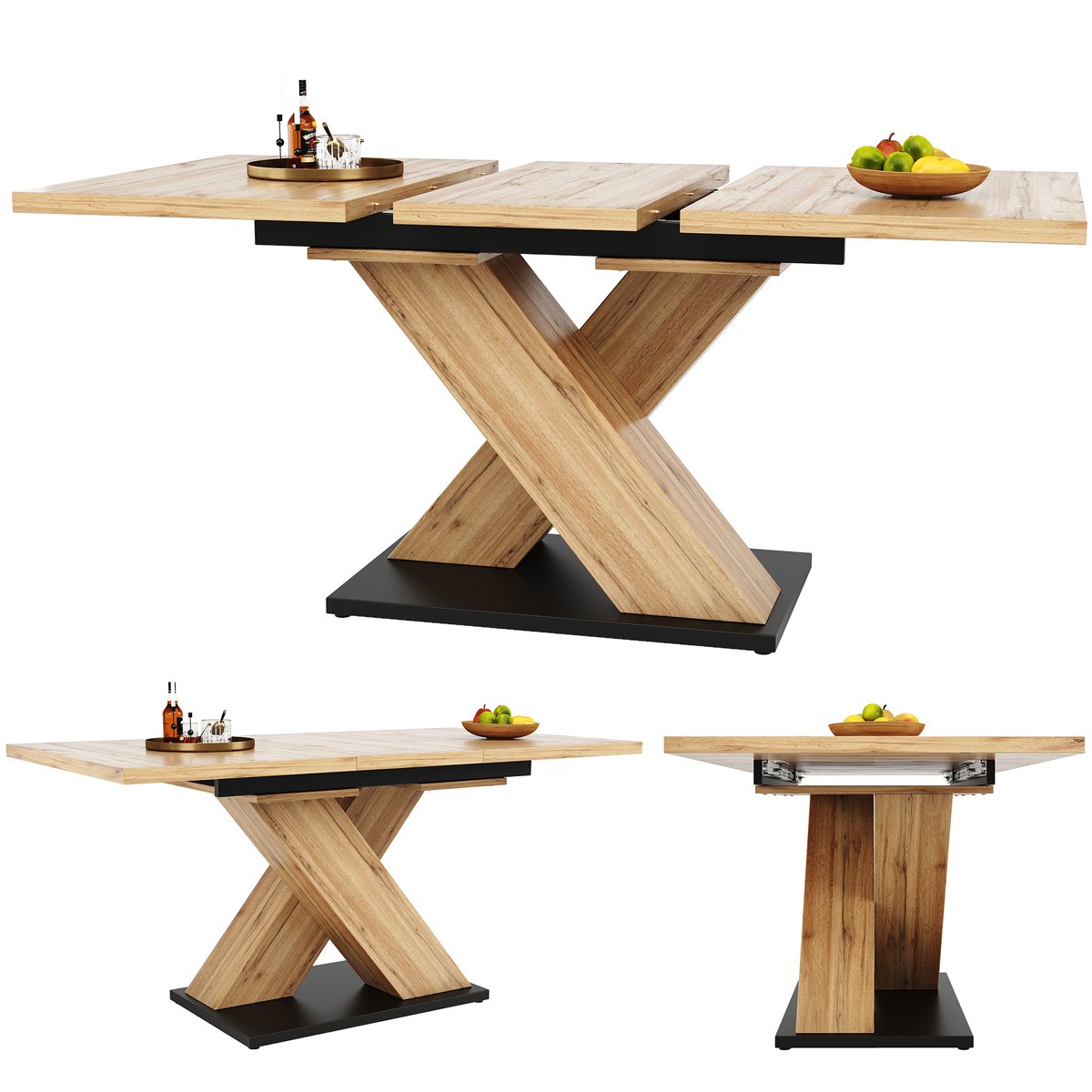 Table à manger extensible à allonge papillon intégrée, ZARAB chêne, MEUBLES COSY
