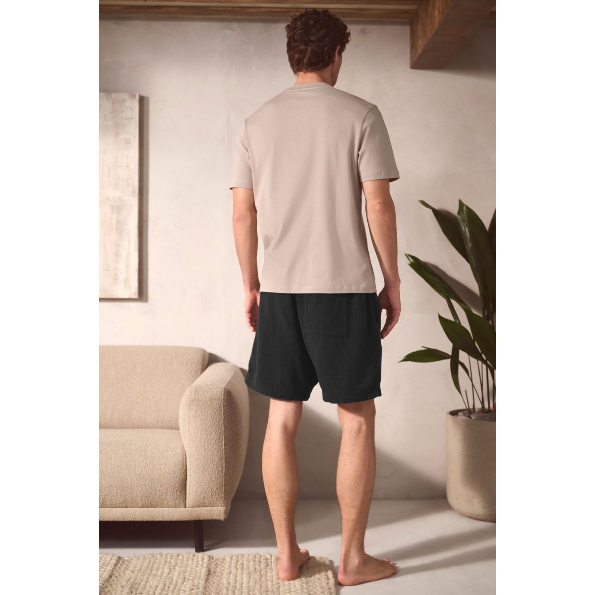 T-shirt + short en mousseline texturée noir/marron neutre, NEXT