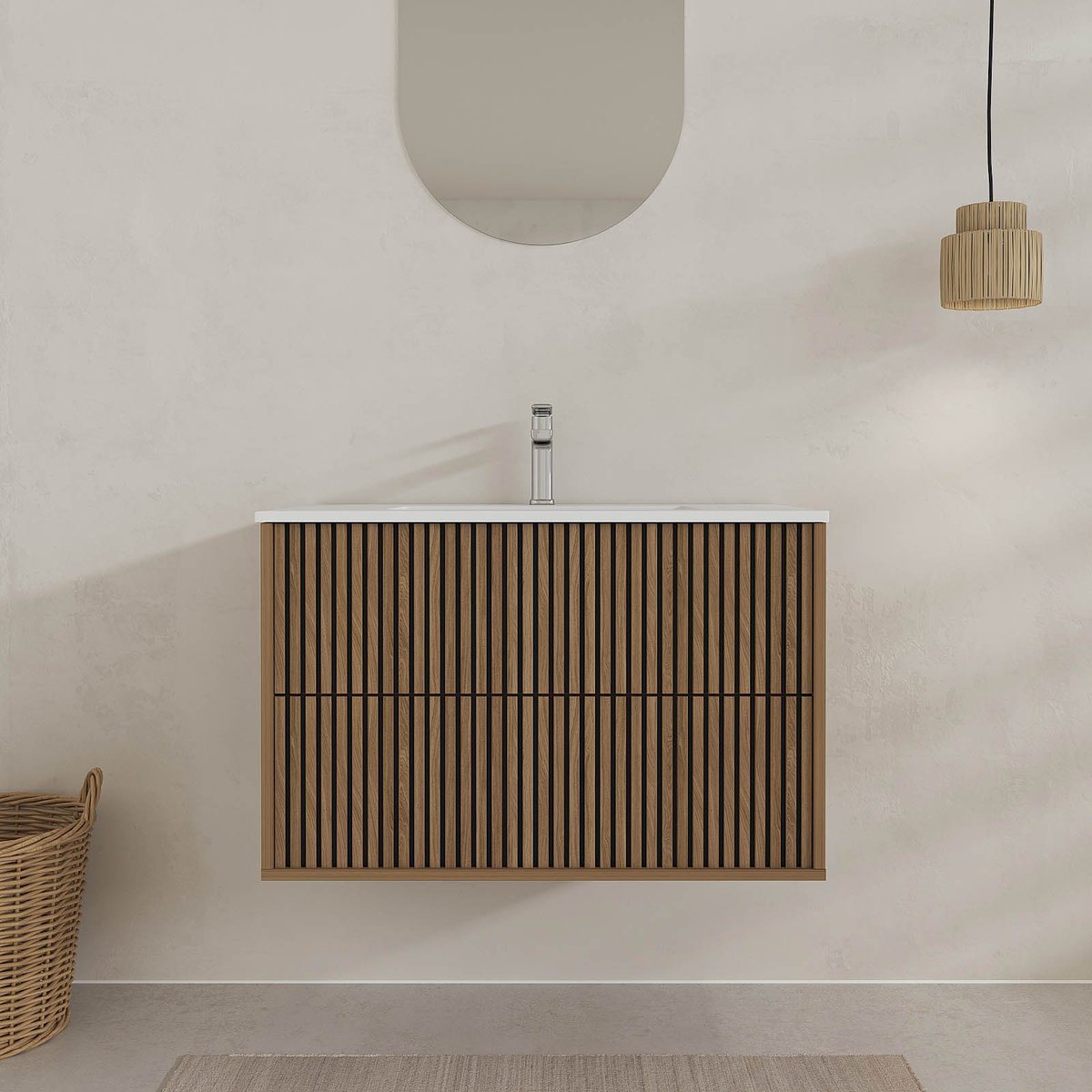 Meuble de salle de bain suspendu avec façade crantée et vasque encastrée naturel, HOME MAISON