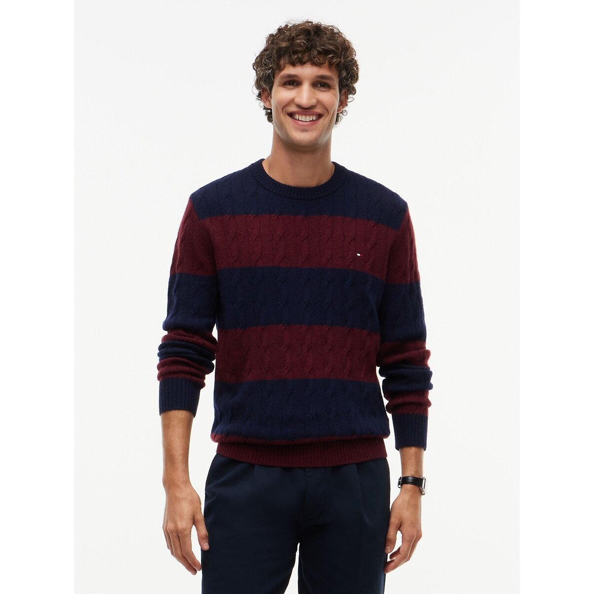 Wool Cable Knit Jumper with Crew Neck burgundy/navy blue, TOMMY HILFIGER