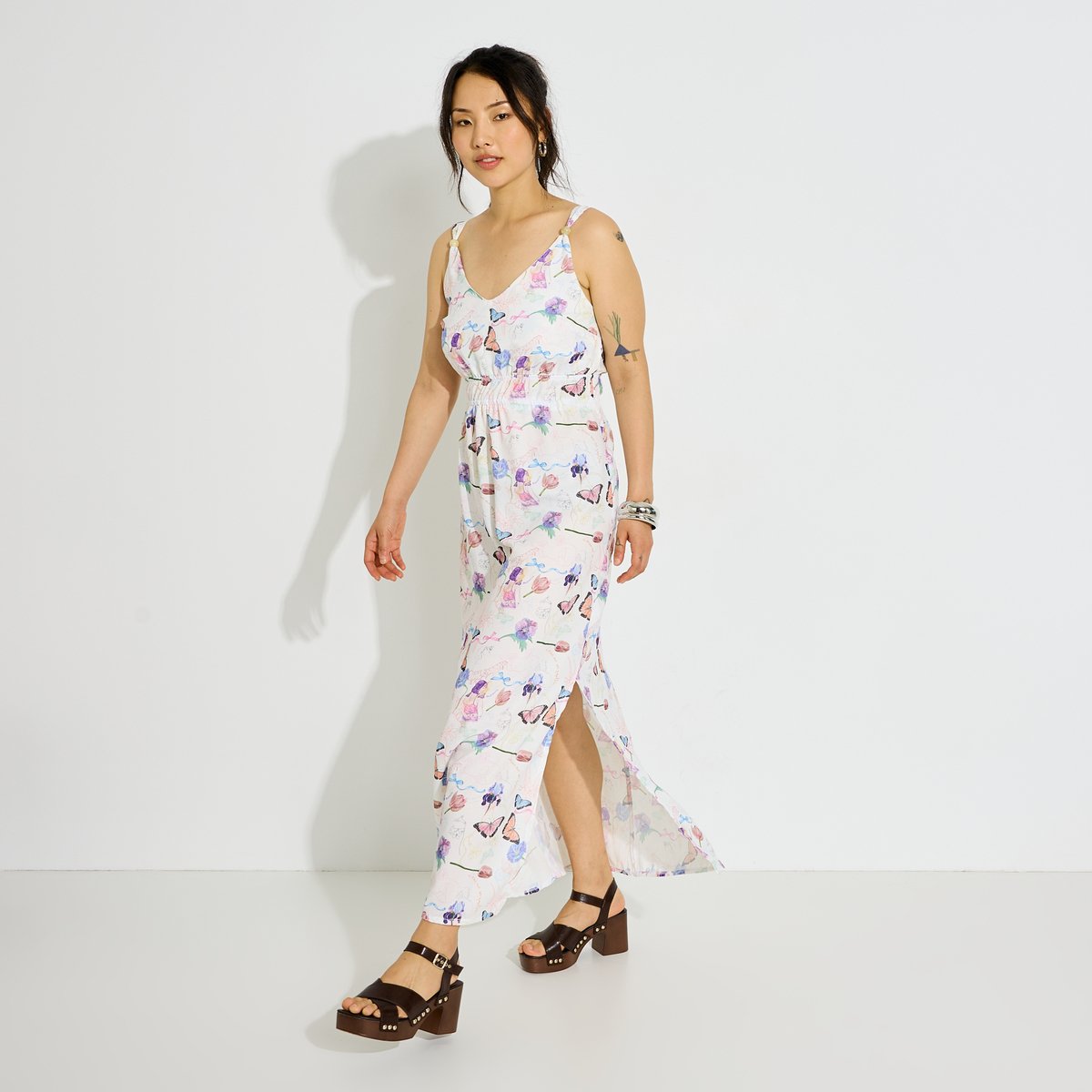 Robe longue fluide imprimée à bretelles blanc cassé ecru, GRAIN DE MALICE