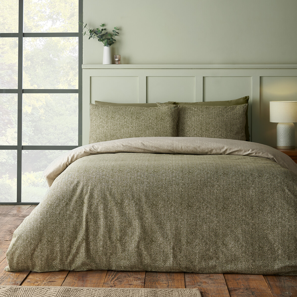 Brushed Herringbone Cotton Reversible Duvet Cover Set green, CATHERINE LANSFIELD