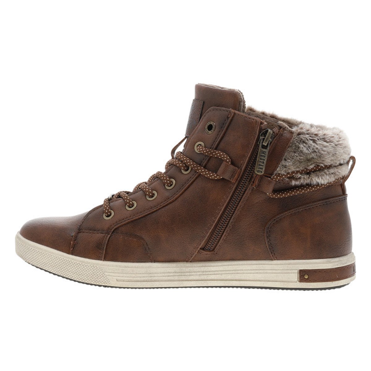 Tennis marron texturé à talon plat avec un zip et des lacets ronds marron, MUSTANG