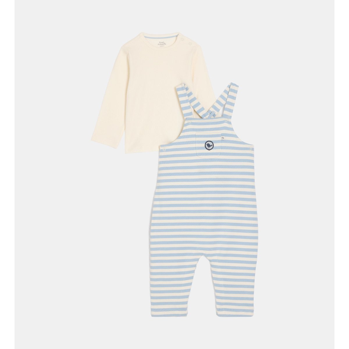 Ensemble tyron salopette et t-shirt manches longues écru et bleu, CADET ROUSSELLE