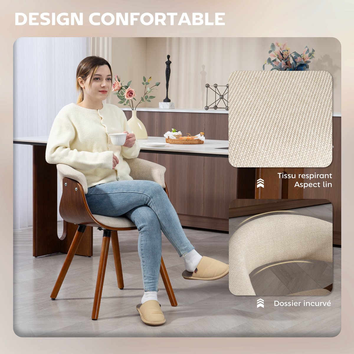 Chaise de salle à manger Tissu aspect lin beige, marron, HOMCOM