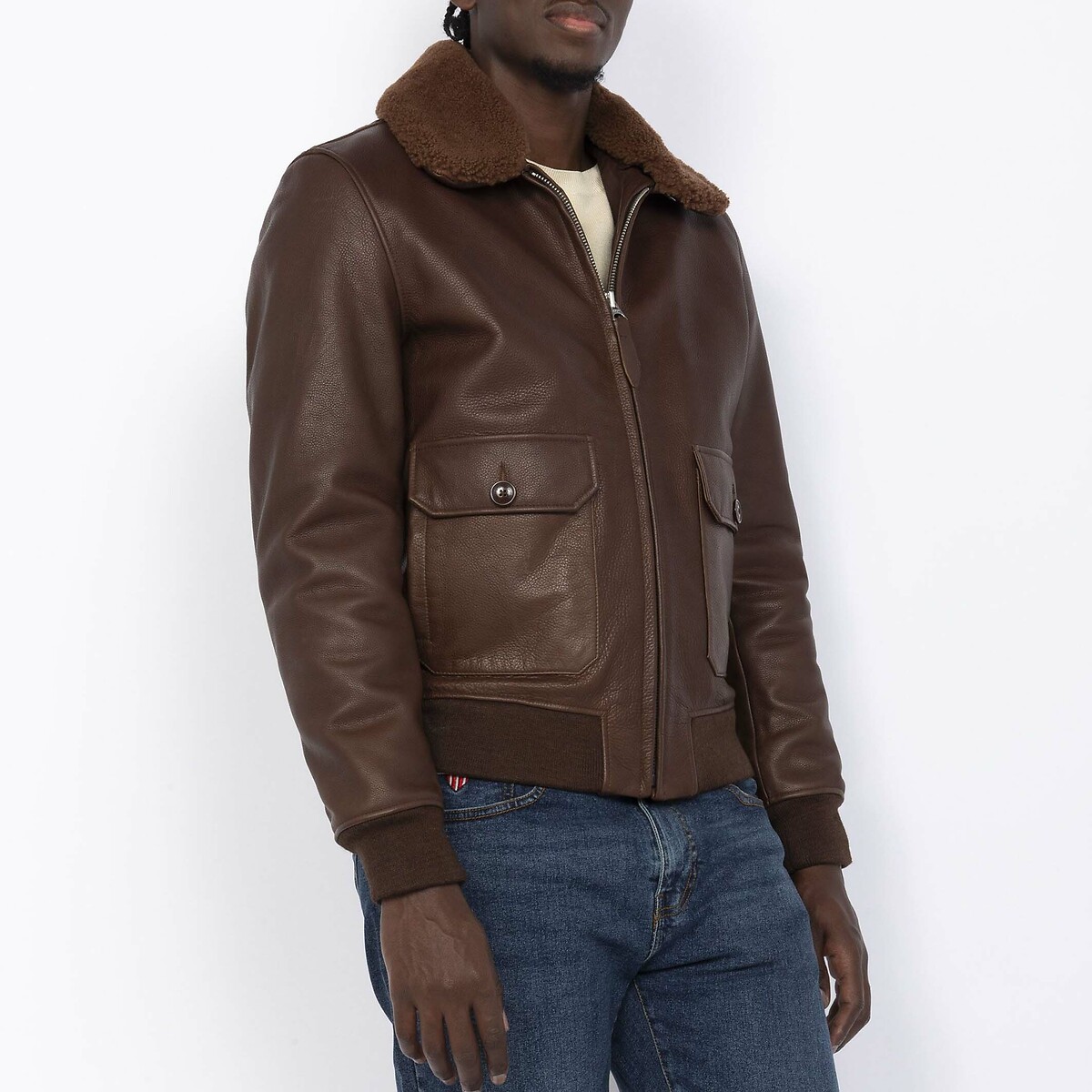 Leather aviator jacket with collar brown, SCHOTT