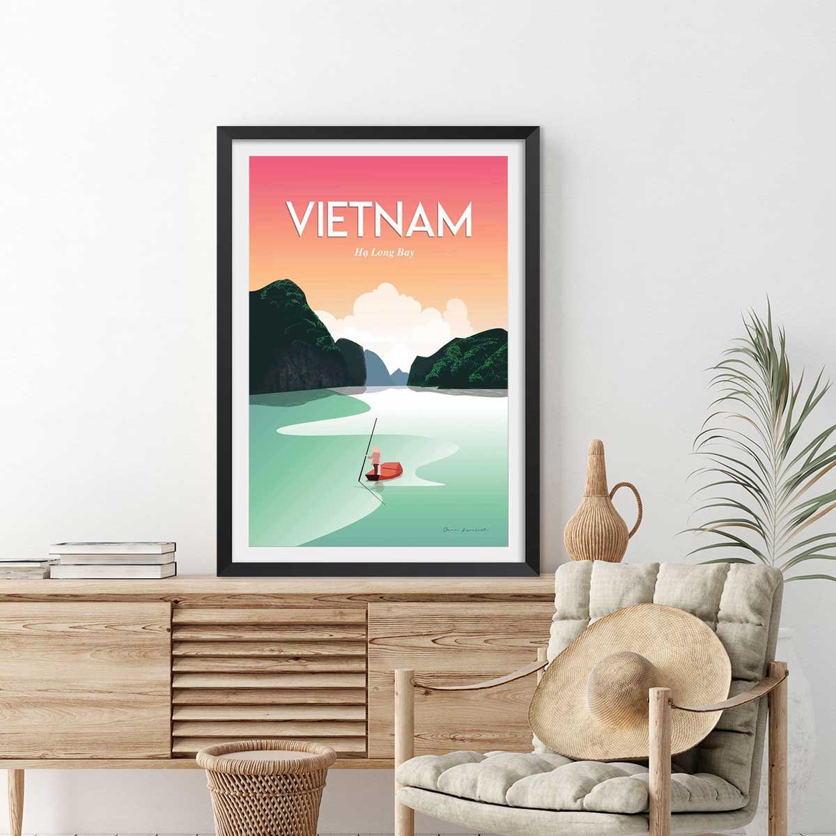 Affiche voyage Vietnam Baie Halong affiche + cadre en bois - noir, HEXOA