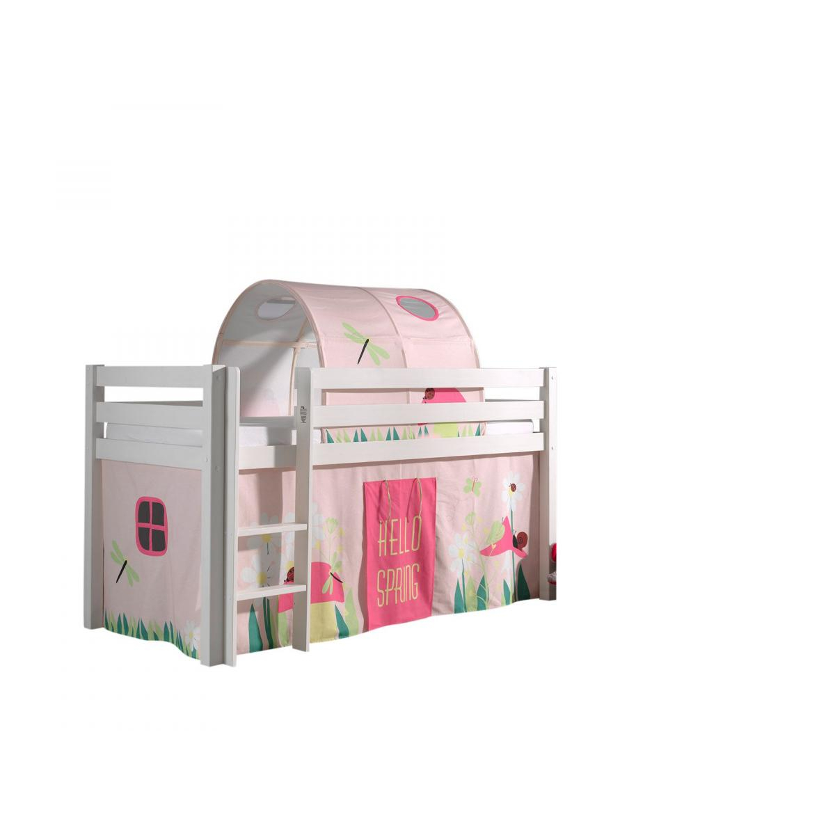PINO Lit sureleve en pin massif avec sommier + Rideau et tunnel de lit Spring couleur unique, VIPACK