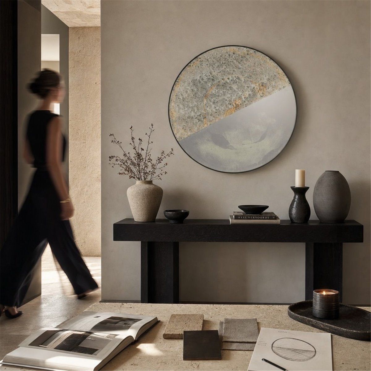 Miroir rond mural en métal noir vieilli, RECOLLECTION