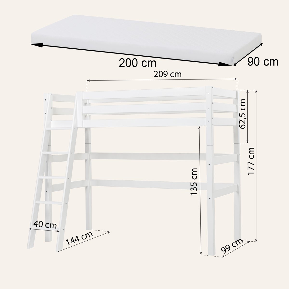 Lit Mezzanine pin massif ECO LUXURY blanc, HOPPEKIDS