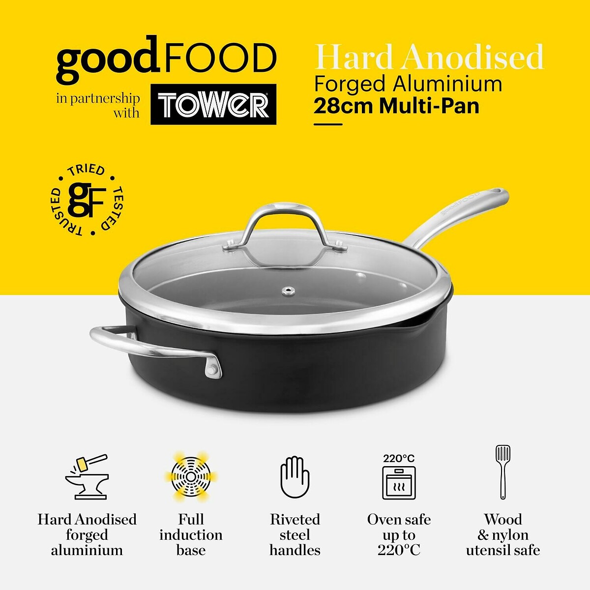 28cm Hard Anodized Multi-Pan with Lid black, GOOD FOOD BY TOWER