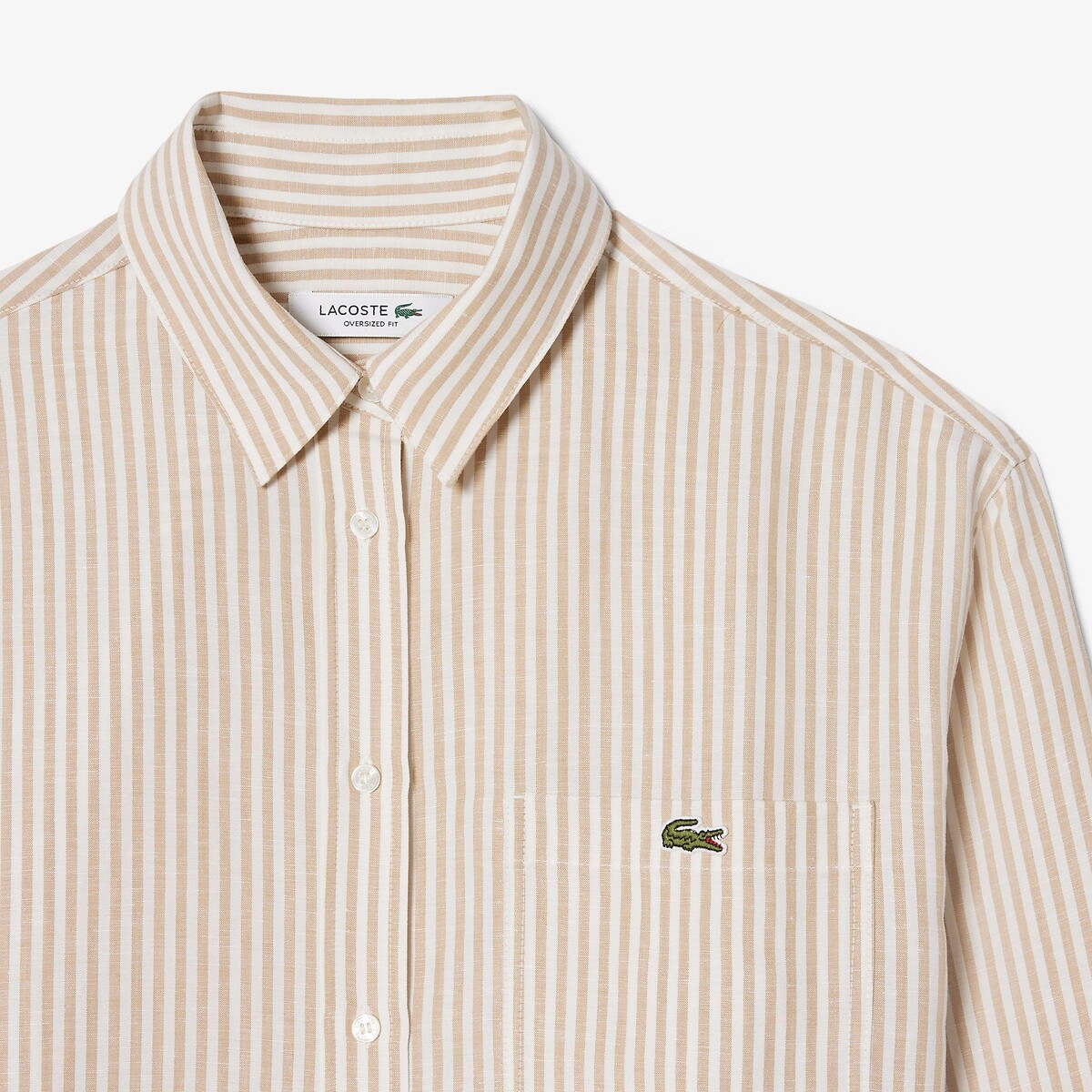 Chemise manches longues rayée en lin mélangé beige/blanc, LACOSTE