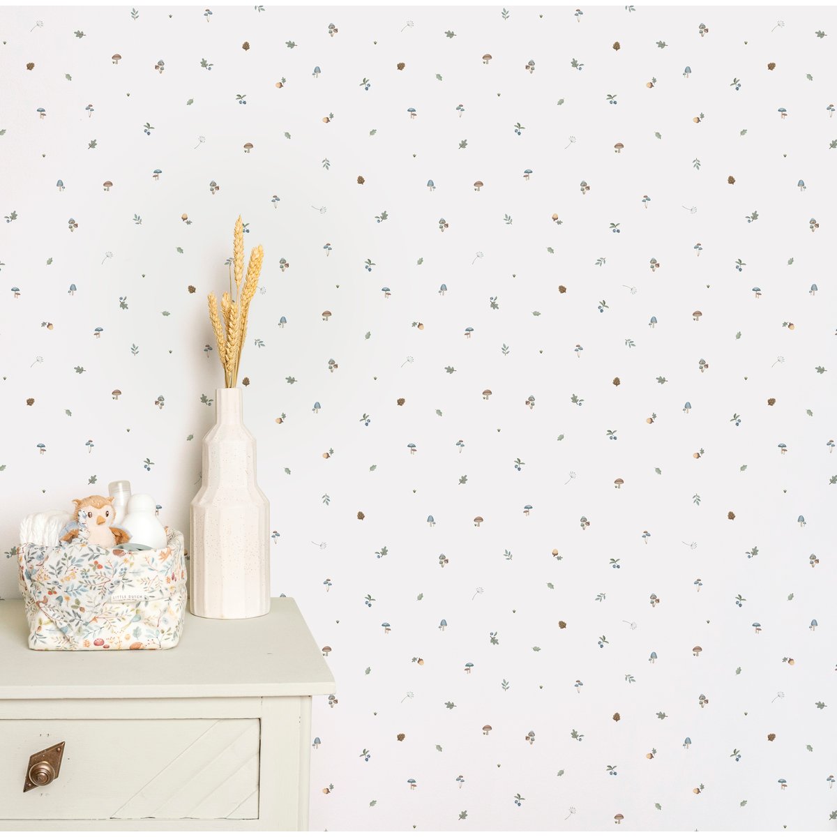 Papier peint pour enfant Petits champignons blanc, bleu, marron, LITTLE DUTCH