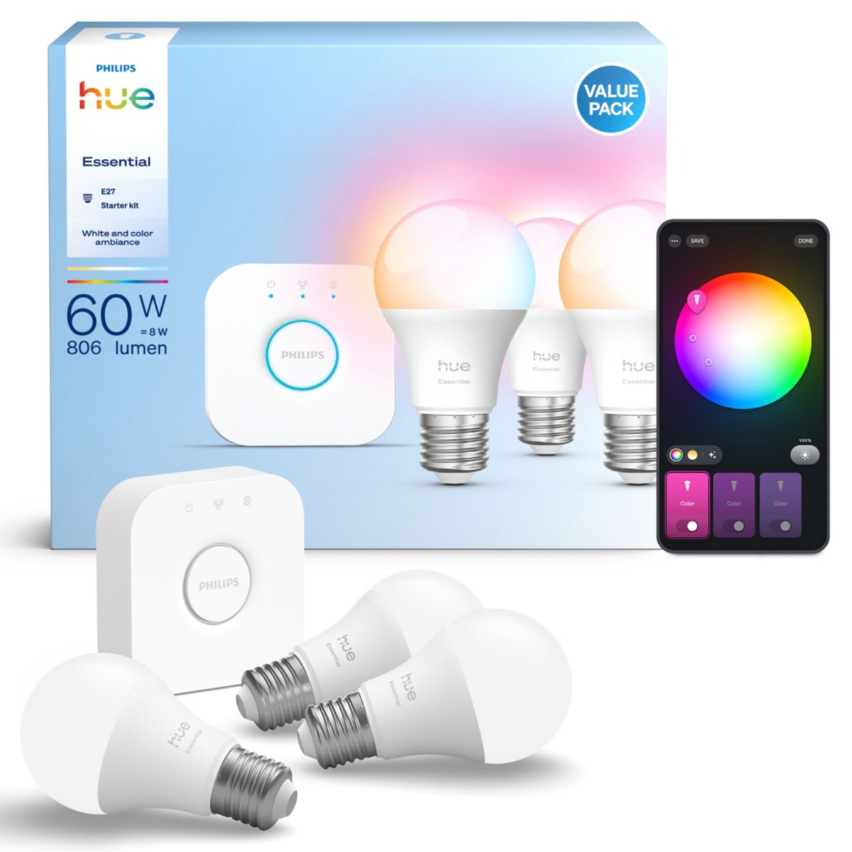 Pack Essential-3/E27 White&Color A.+pont v2 couleur unique, PHILIPS HUE
