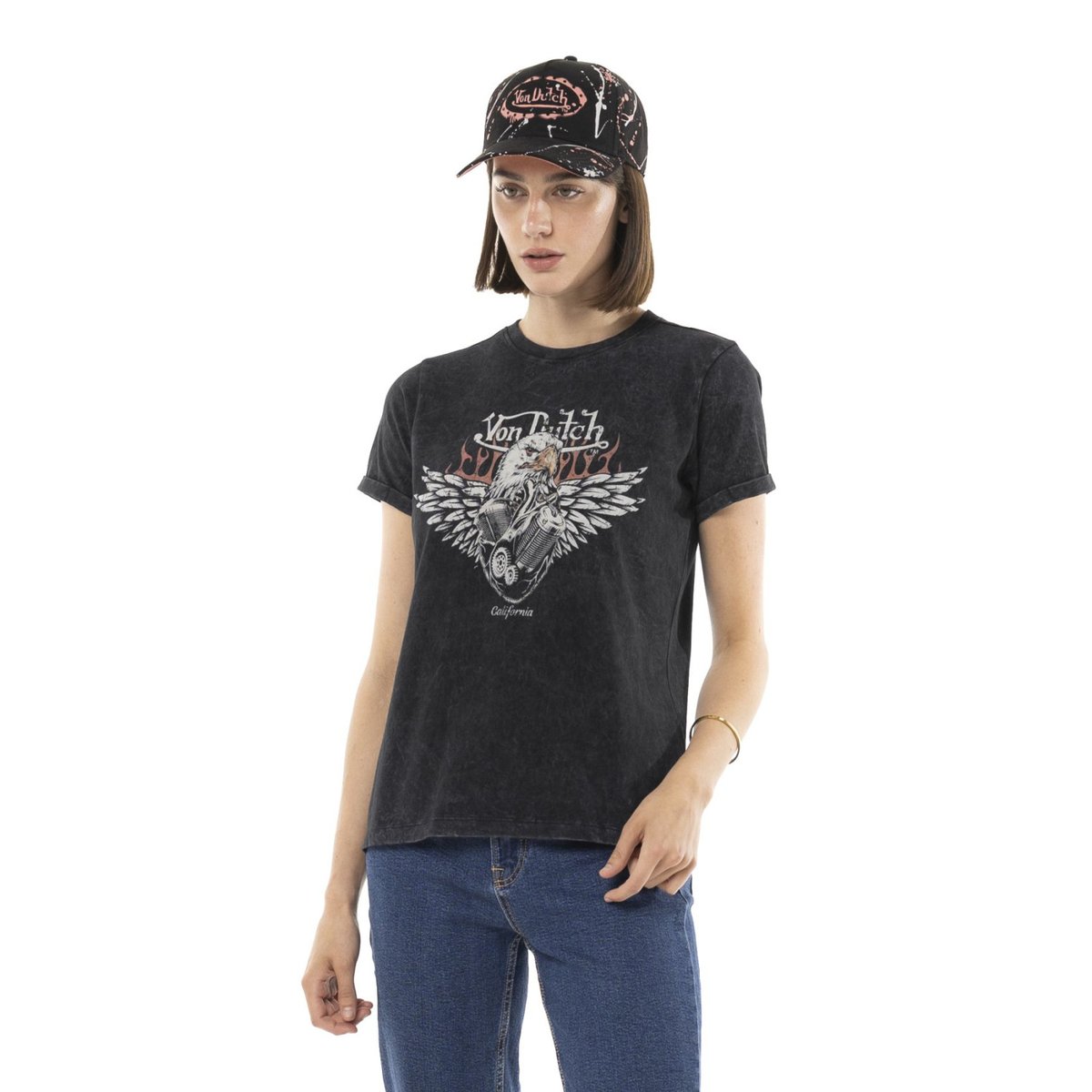 Tee shirt en coton MOTOR noir/rose/blanc, VON DUTCH
