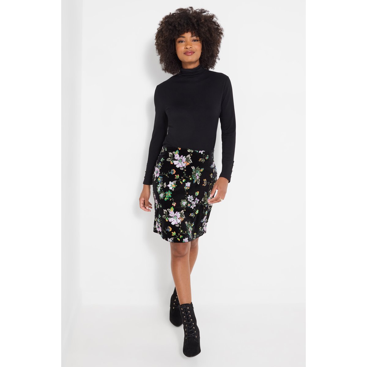 Jupe Courte en Velours Ornée de Fleurs multicolore, JOE BROWNS