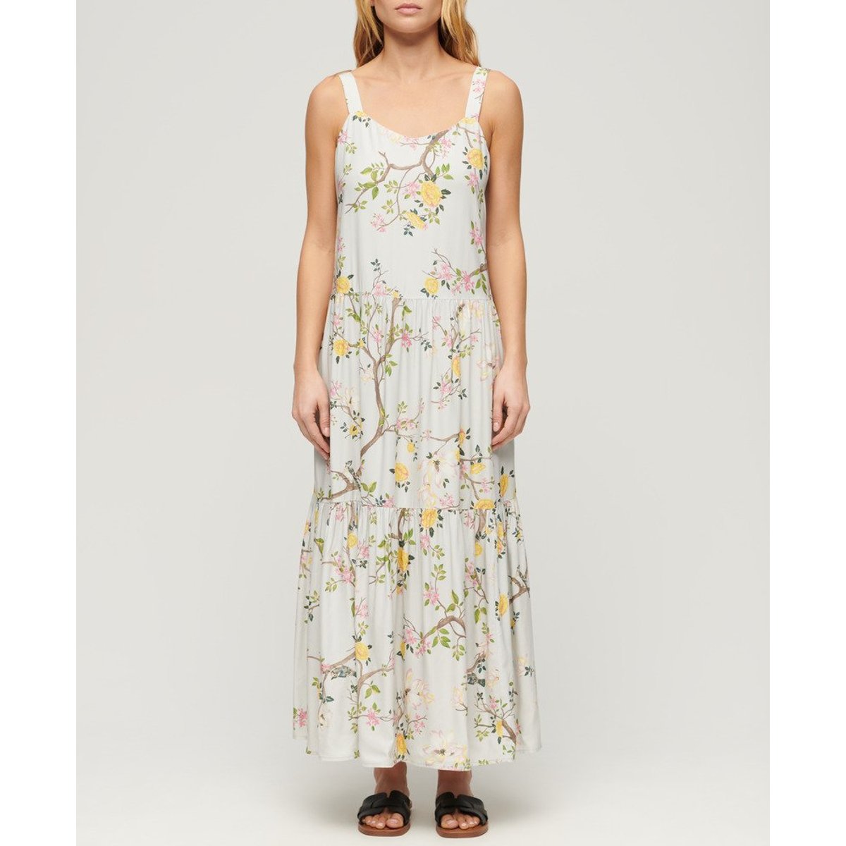 Robe longue tissée à volants gris oiseau fleuri, SUPERDRY