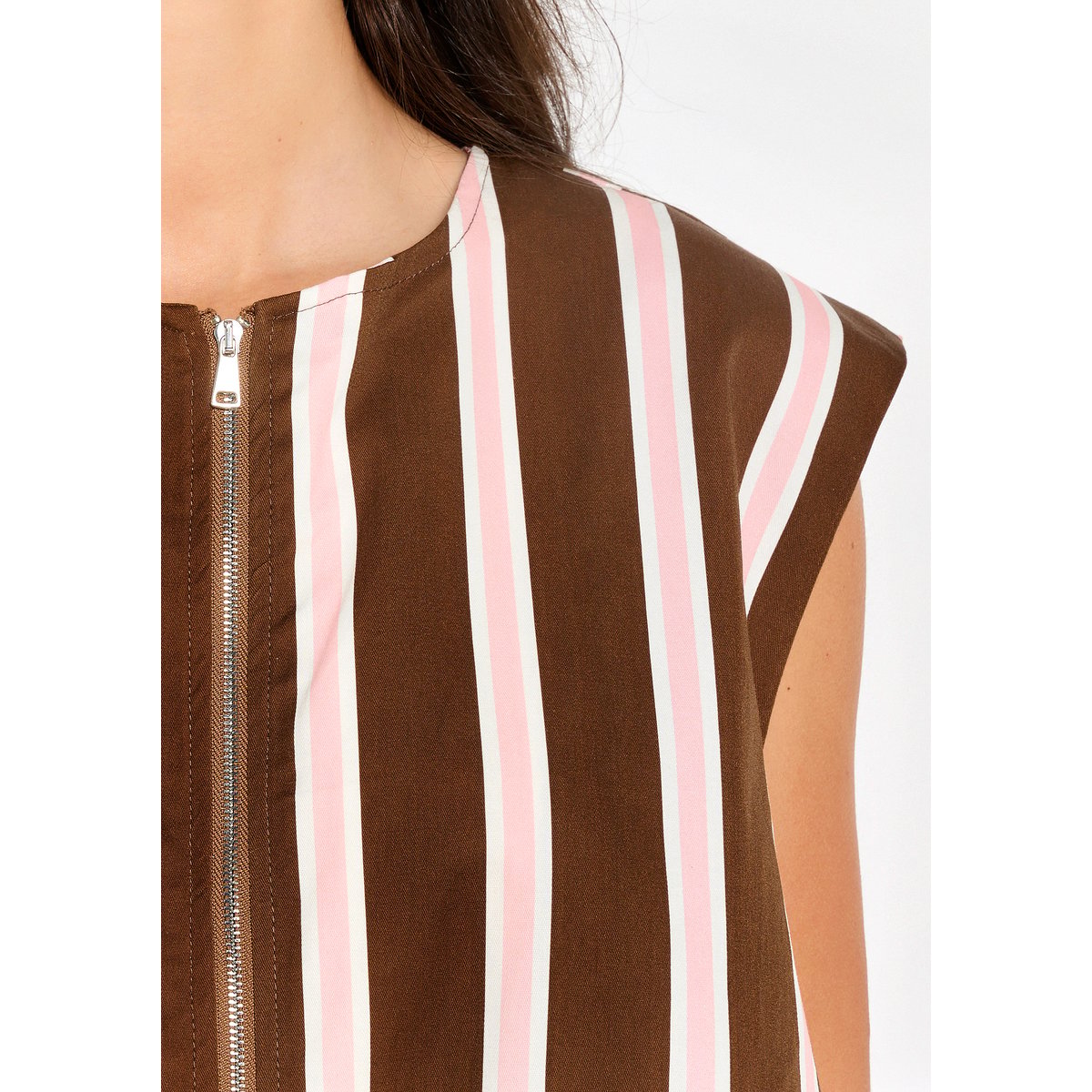 Top sans manches rayé zippé brun fonce chocolate, LOLALIZA