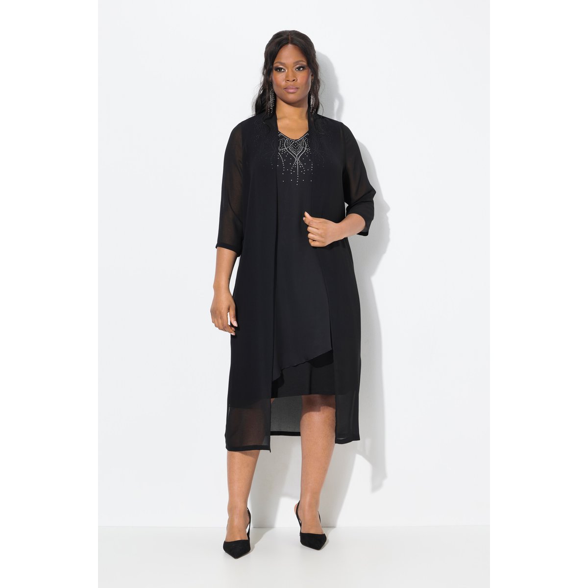 Veste longue en mousseline. Col châle et noir, ULLA POPKEN