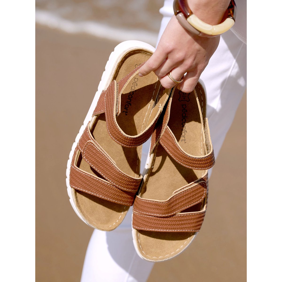 Sandales femme à scratch marron, PEDICONFORT