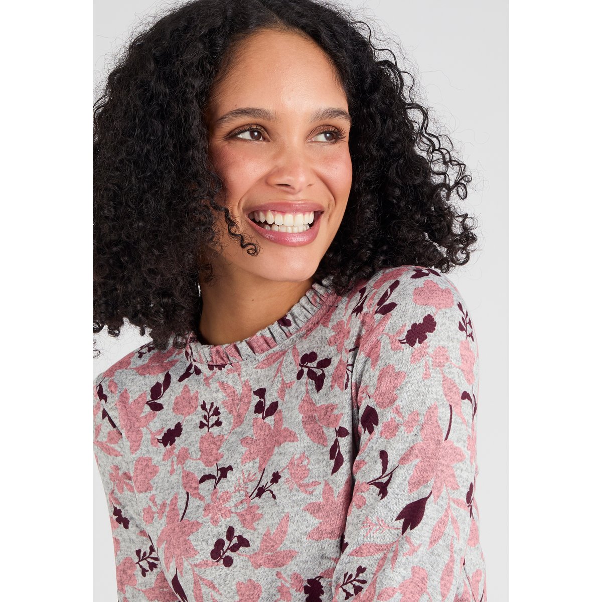 T-shirt col volanté maille chaude Thermolactyl rose feuillage, DAMART