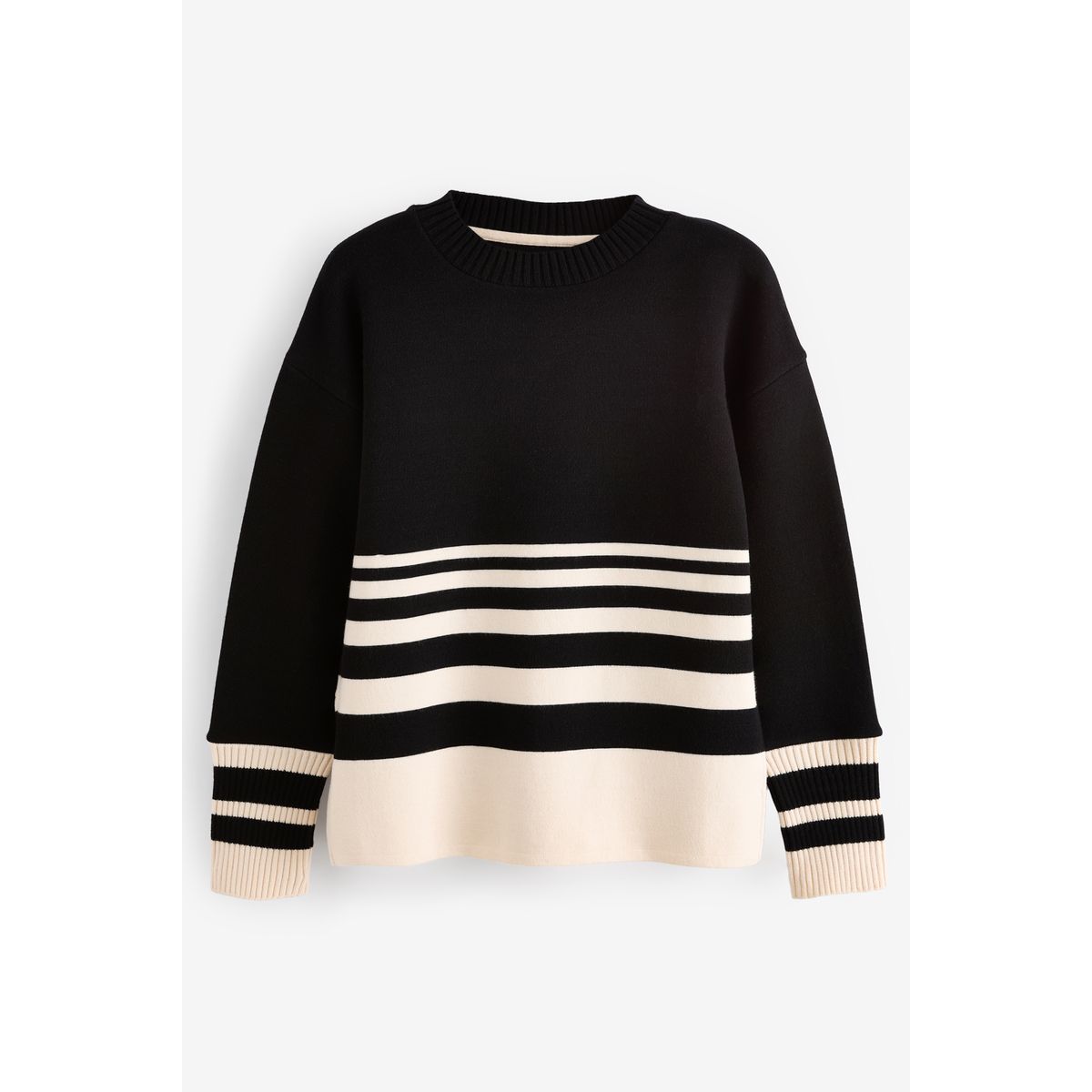 Pull ras du cou compact et confortable fendu rayure monochrome noir/crème écru, NEXT