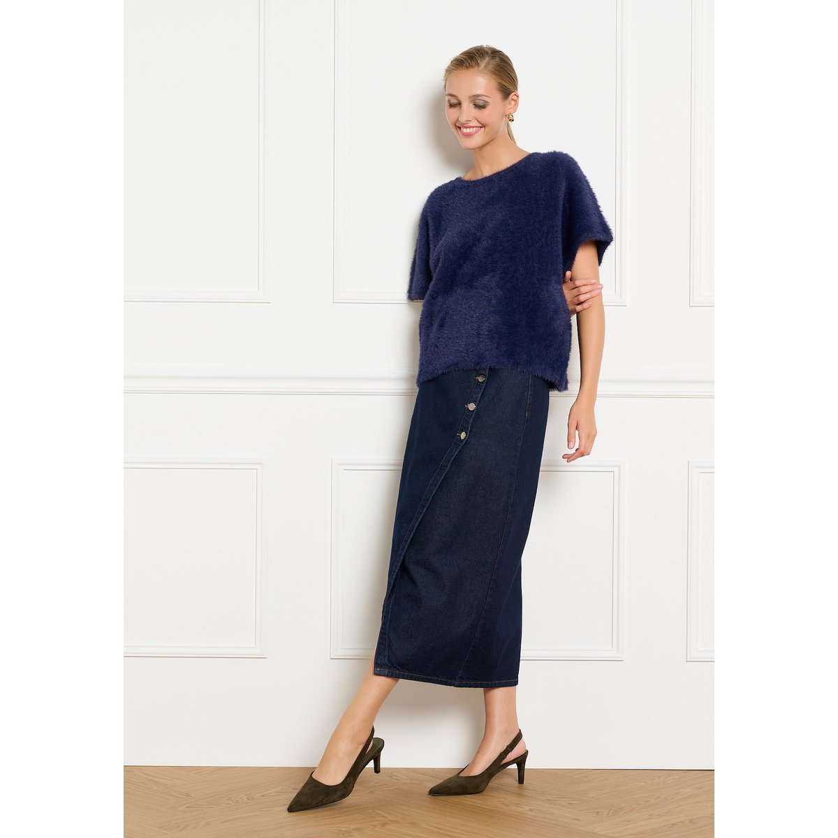 Pull doux à manches chauve-souris bleu marine, LOLALIZA