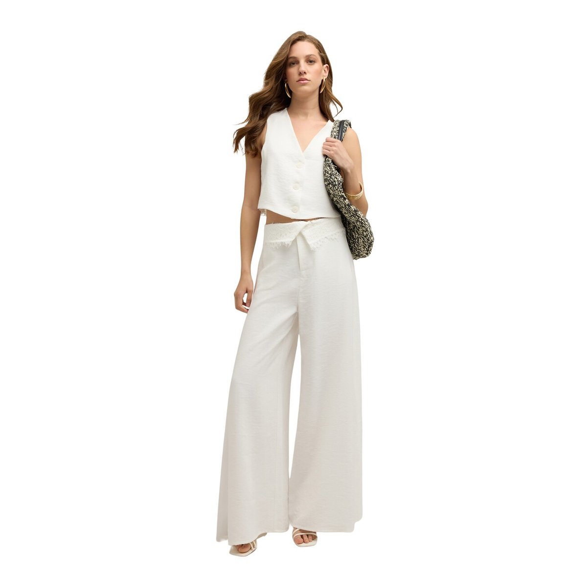 Pantalon palazzo avec détail en dentelle blanc, MOTIVI