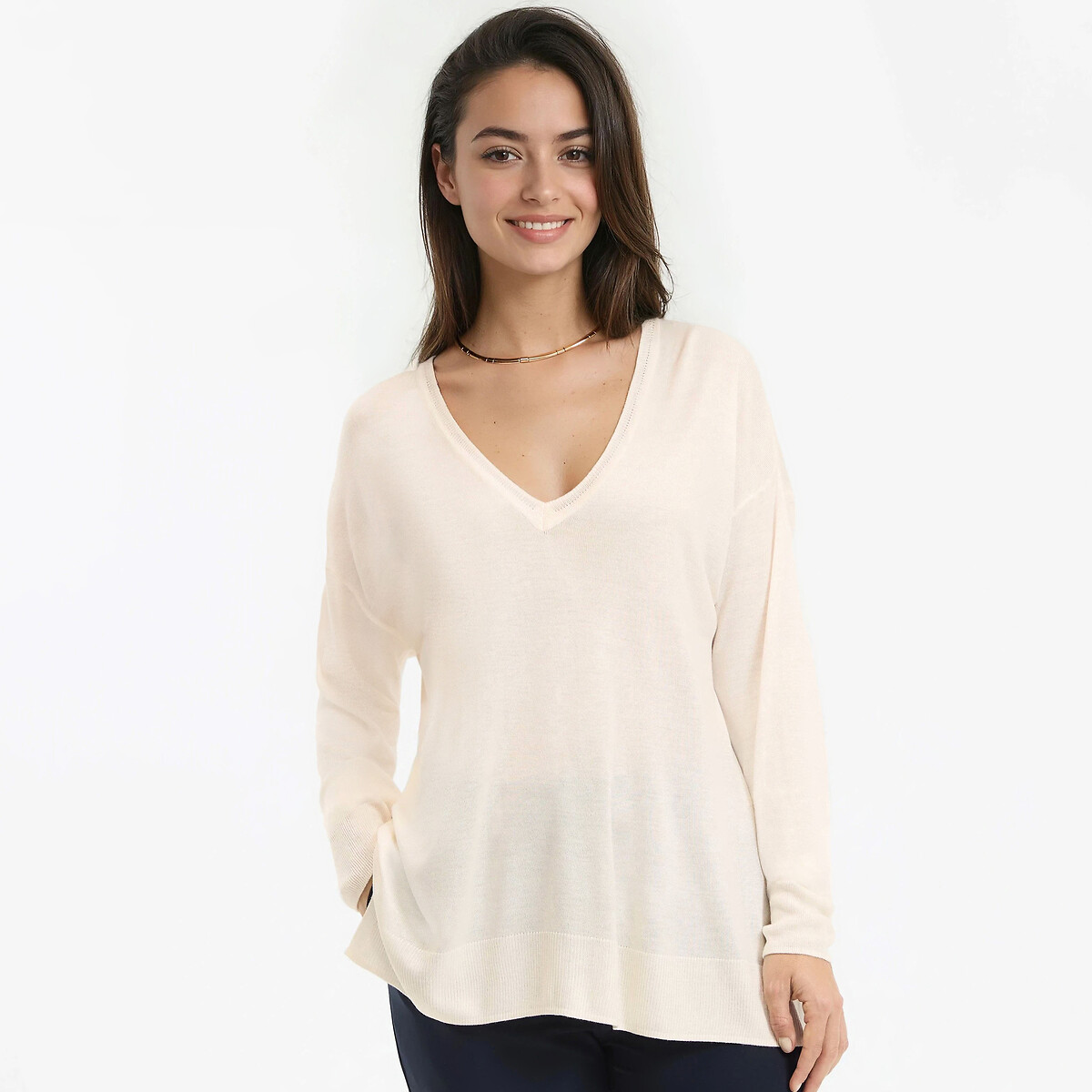 Camisola com decote em V, em malha fina bege, LA REDOUTE COLLECTIONS