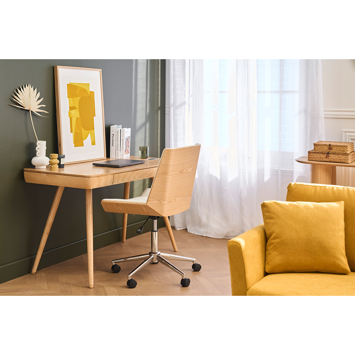 Chaise de bureau à roulettes design noire, bois foncé et acier chromé MELKIOR blanc, MILIBOO