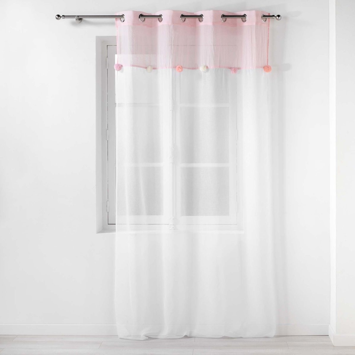 Voilage à pompons colorés rose clair, DOUCEUR D'INTÉRIEUR