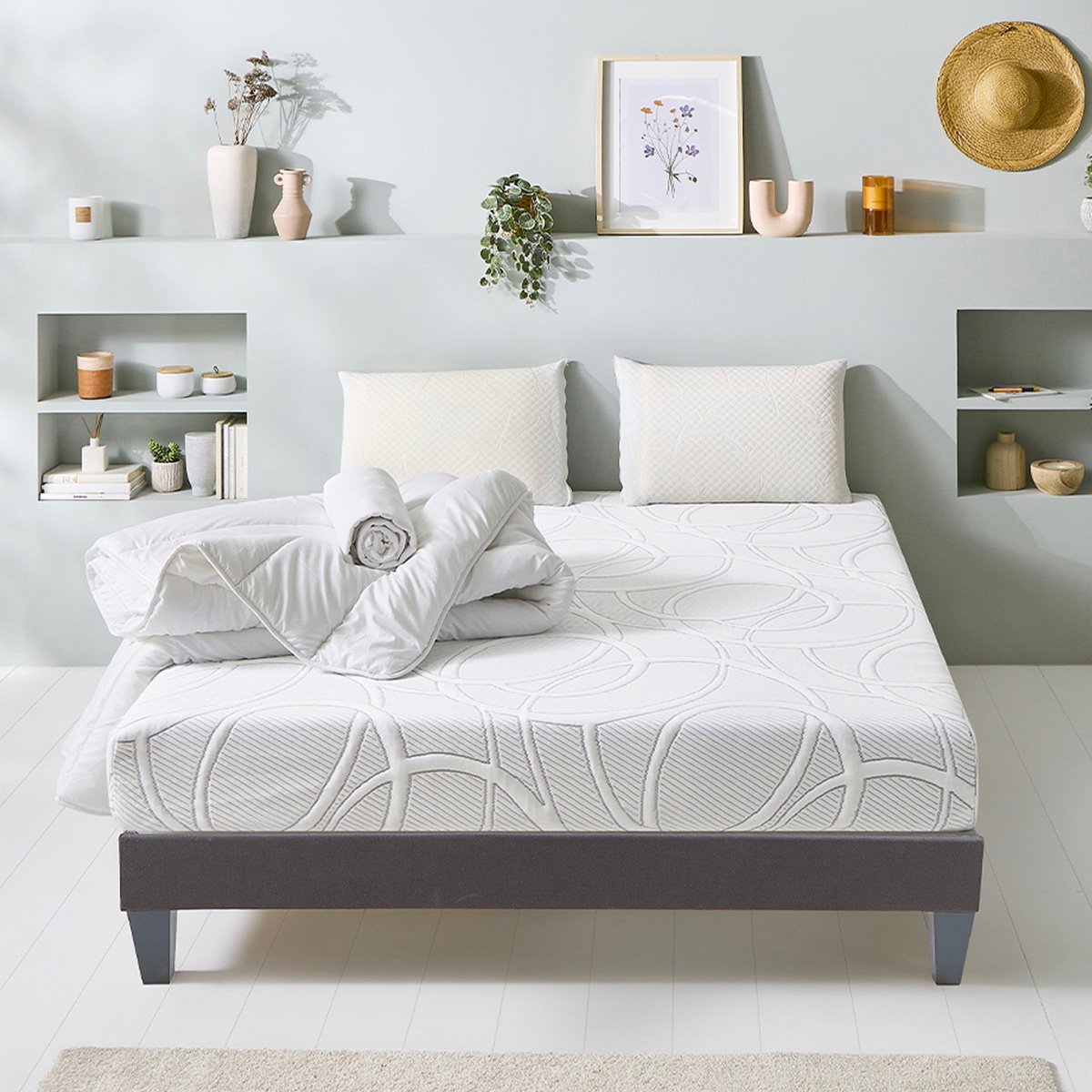 Prêt-à-dormir POSÉIDON avec Sommier, Couette, Oreillers et Protège-matelas blanc, OLYMPE LITERIE