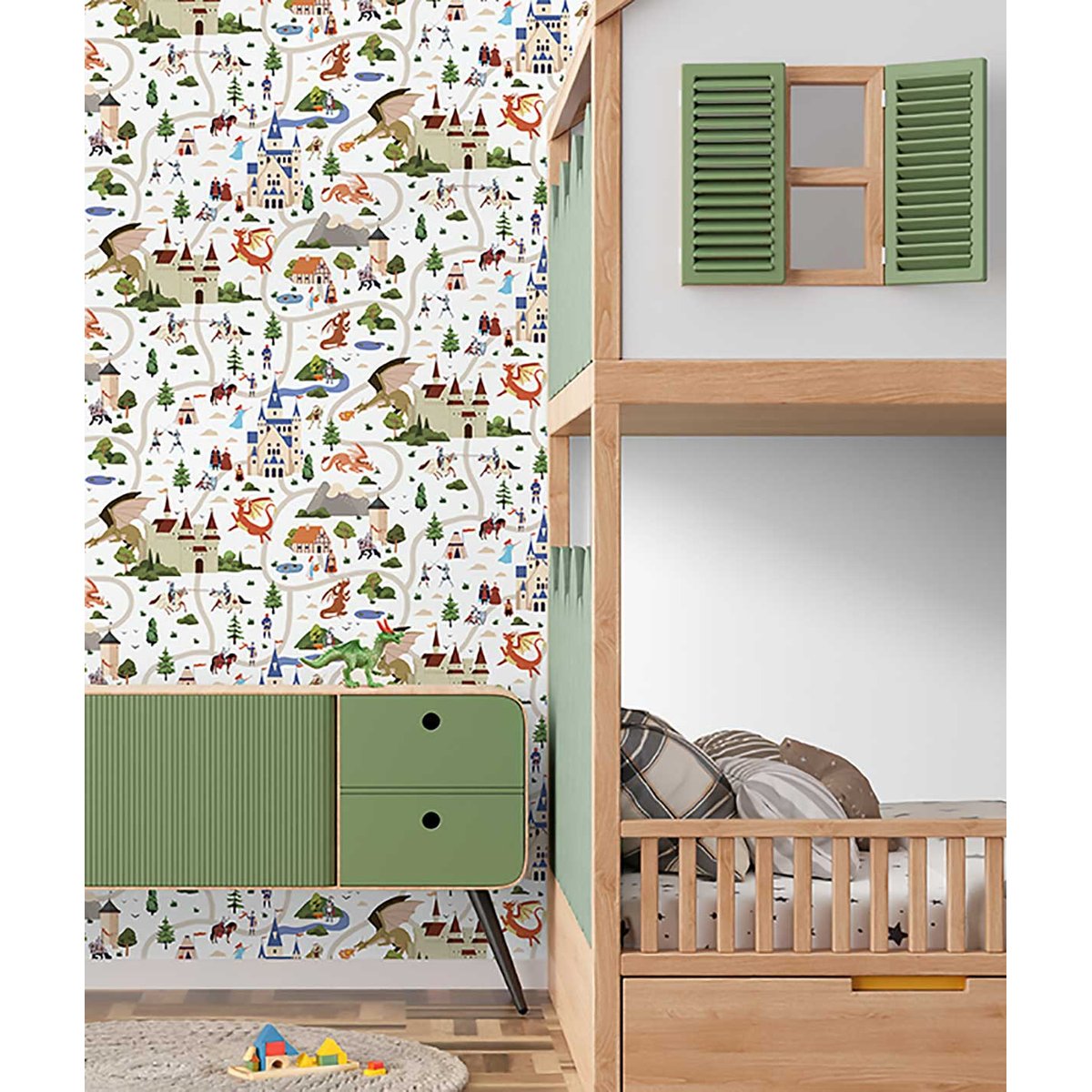 Papier peint chevaliers châteaux dragons enfant multicolore, HEXOA