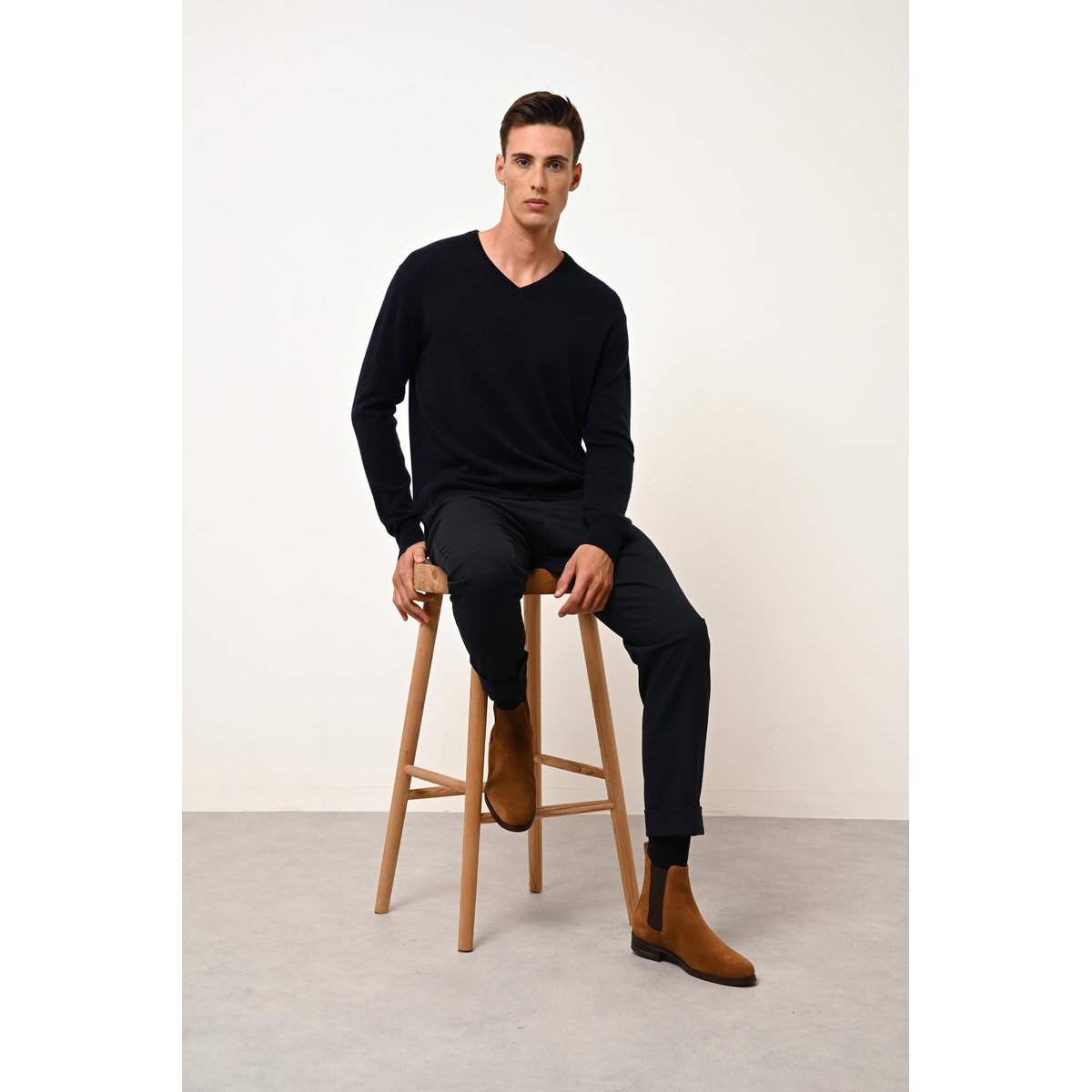 Pull Col V Navy Walt bleu foncé, JUST CASHMERE