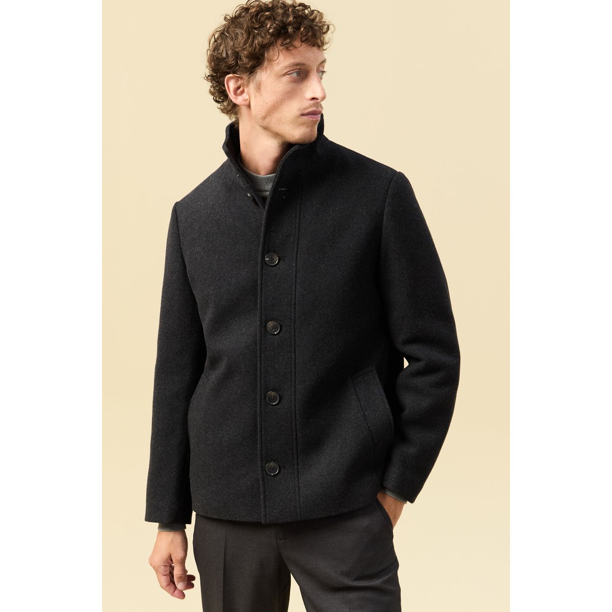 Manteau droit court col montant gris foncé, BONOBO