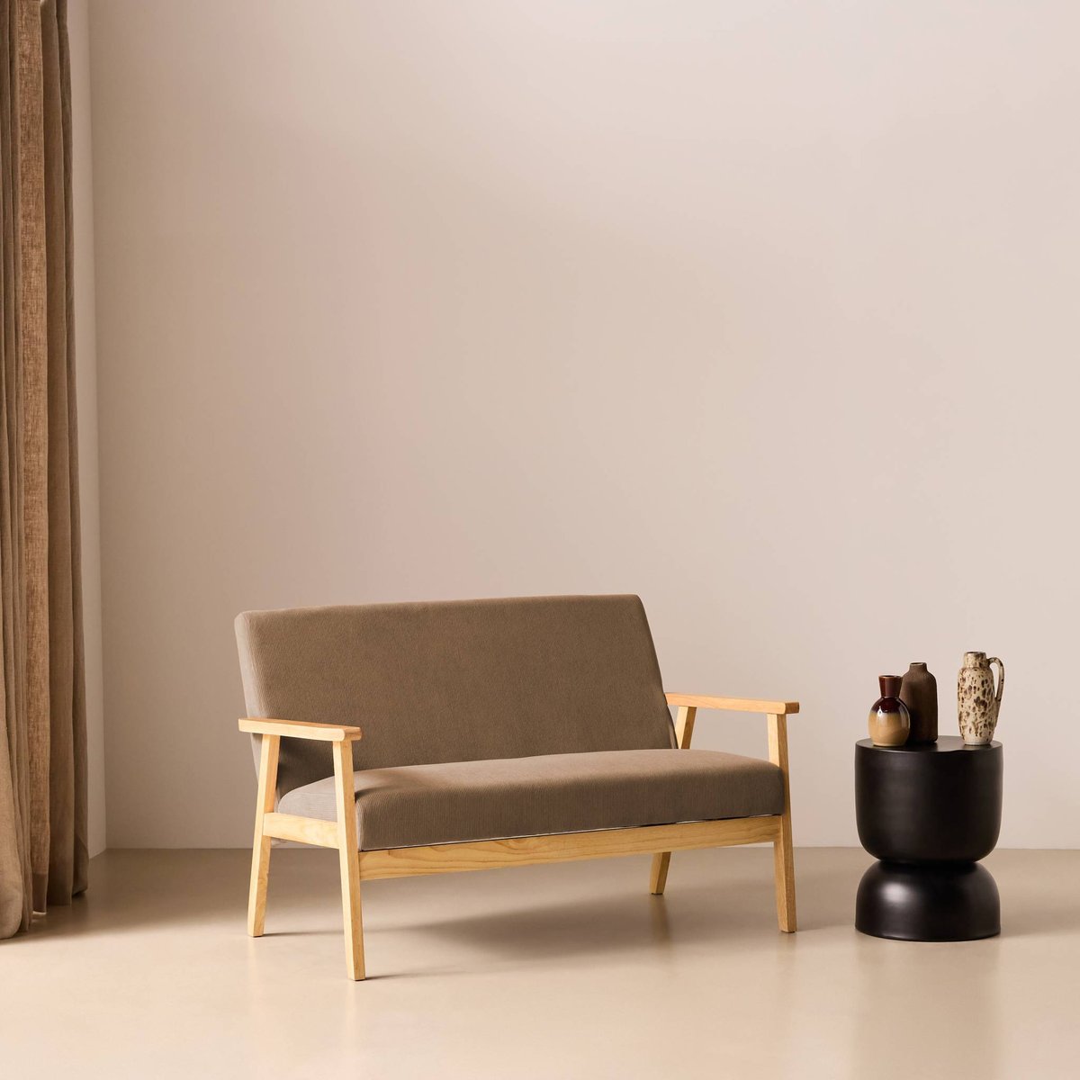 Canapé banquette 2 places bois d'hévéa velours côtelé ISAK taupe, SWEEEK